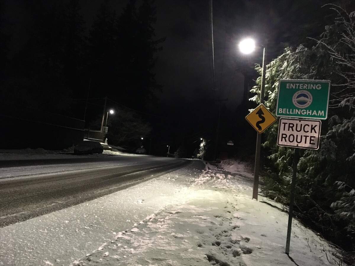 Roads into the city were slushy after the latest of a series of storms in Whatcom County Friday.