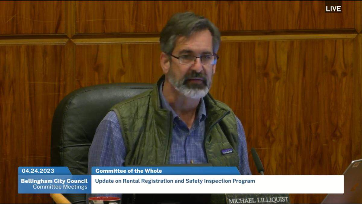 In a screengrab from video, City Council President Michael Lilliquist discusses the city’s rental registration and inspection program in a committee meeting Monday, April 24, 2023, at City Hall in Bellingham, Wash .