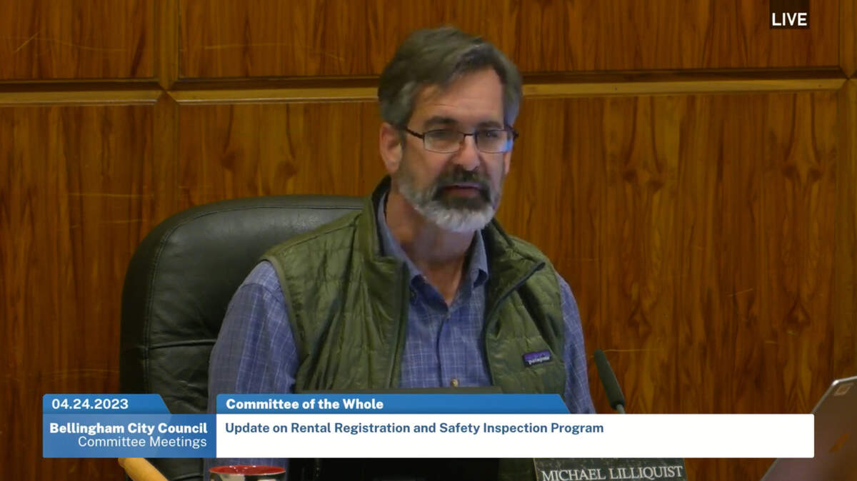 In a screengrab from video, Bellingham City Council President Michael Lilliquist discusses the city’s rental registration and inspection program in a committee meeting at City Hall on Monday, April 24.