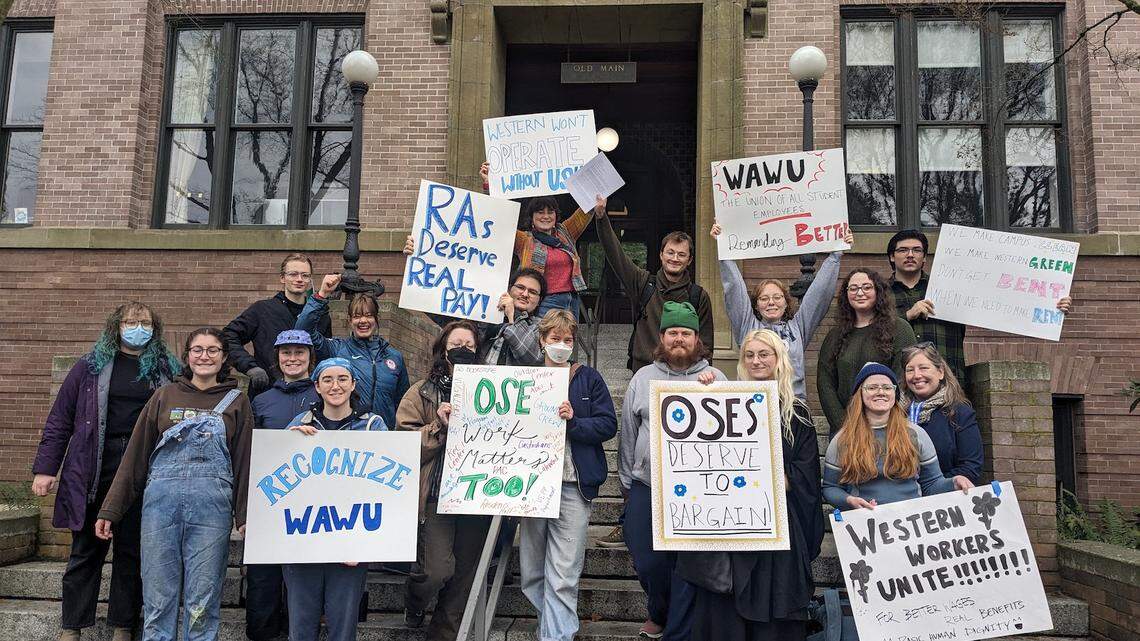Operation Student Employees gathered on the Western Washington University campus on Wednesday, Dec. 13, 2023, to celebrate filing for their union, in Bellingham, Wash.
