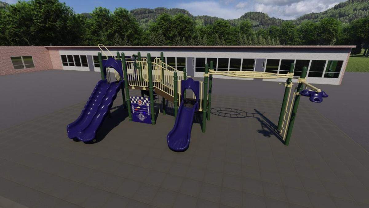 The Bellingham Public School District presented this playground equipment as Option B for students at Carl Cozier Elementary School at a parent meeting on Tuesday, Oct. 17, 2023, in Bellingham, Wash. This comes as parents expressed concerns about the existing playground.