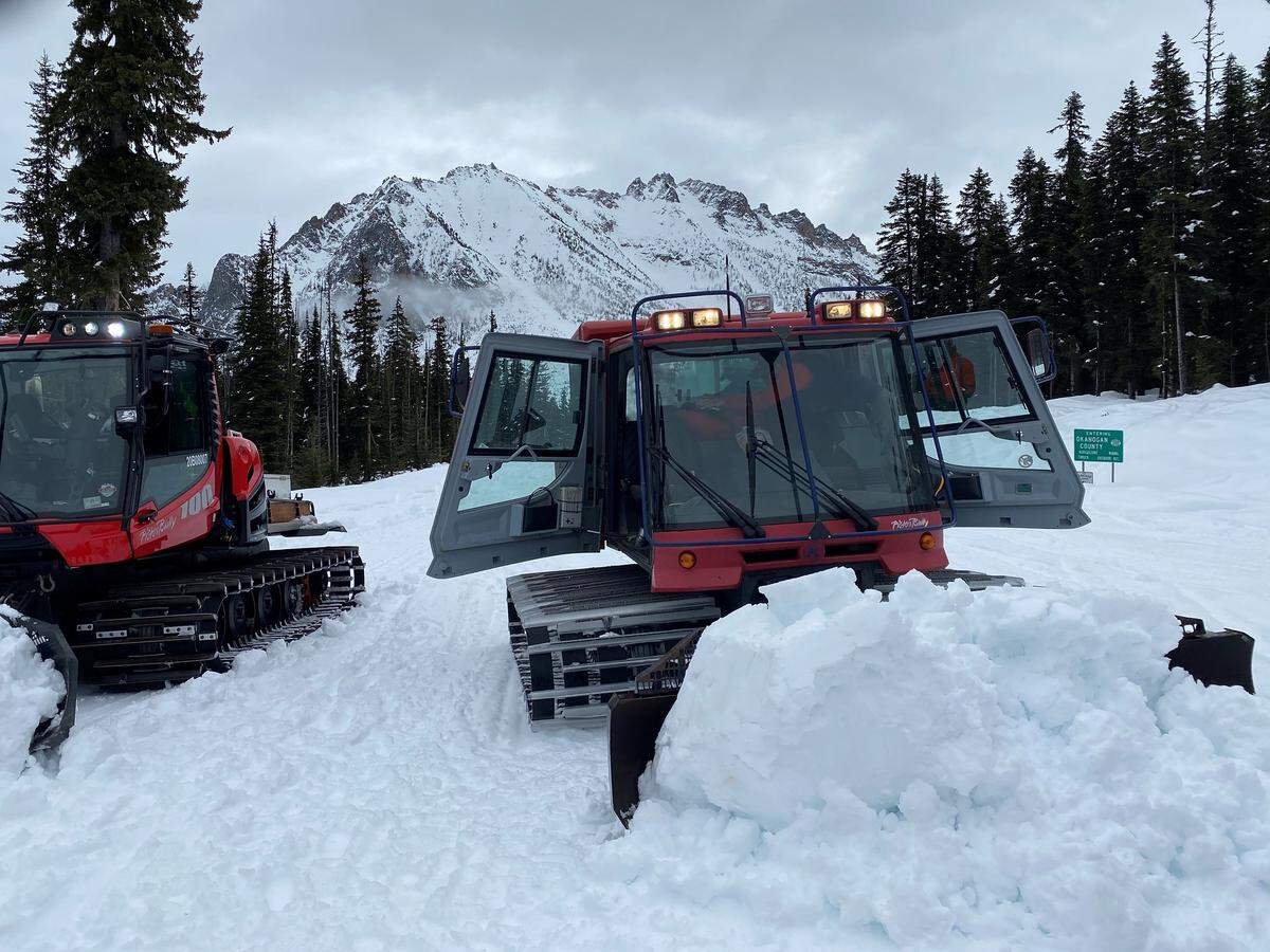 Sno cats and snow machines help Washington State Department of Transportation crews assess snow levels on the North Cascades Highway on Thursday, March 24. The machines are the best way for the crews to get up past closure points. Sno cats are also used in the initial clearing of avalanche paths.