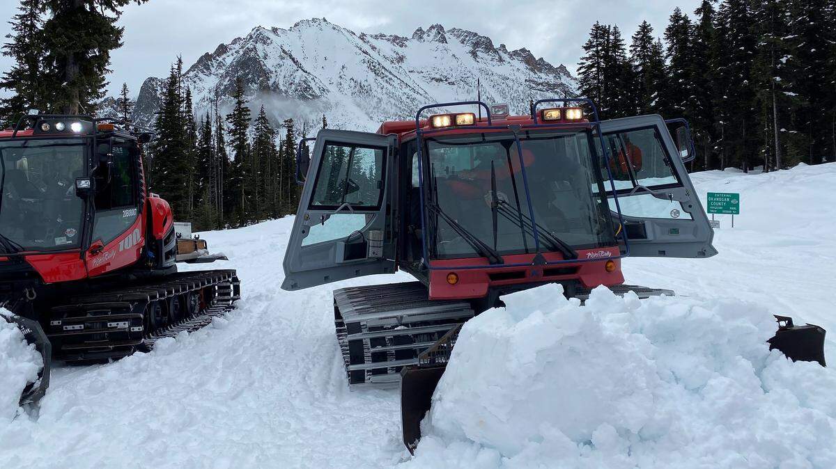 Sno cats and snow machines help Washington State Department of Transportation crews assess snow levels on the North Cascades Highway in 2022. The machines are the best way for the crews to get up past closure points. Sno cats are also used in the initial clearing of avalanche paths.