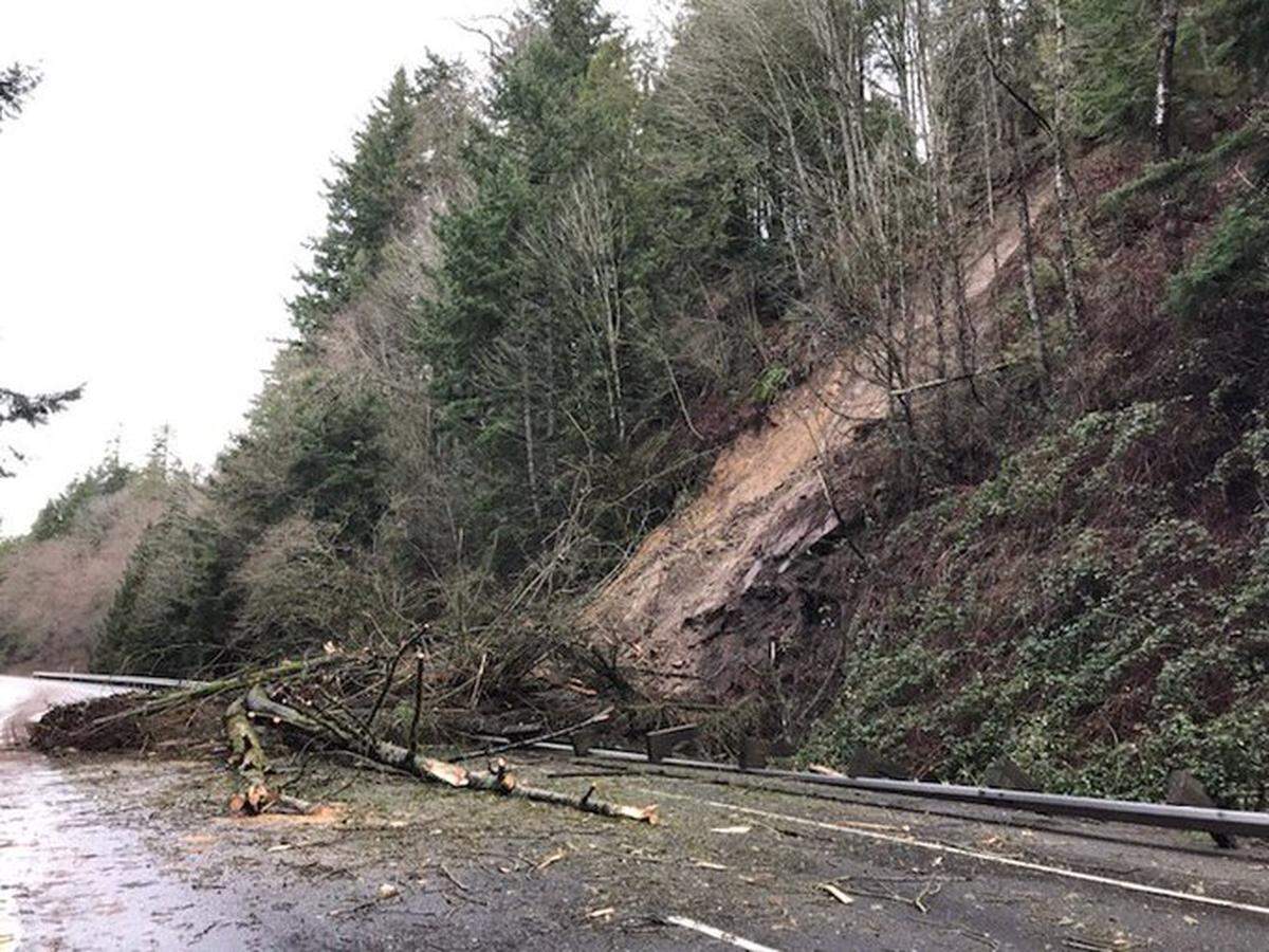 Trees and mud cover northbound lanes of Interstate 5 south of Bellingham Feb. 1.