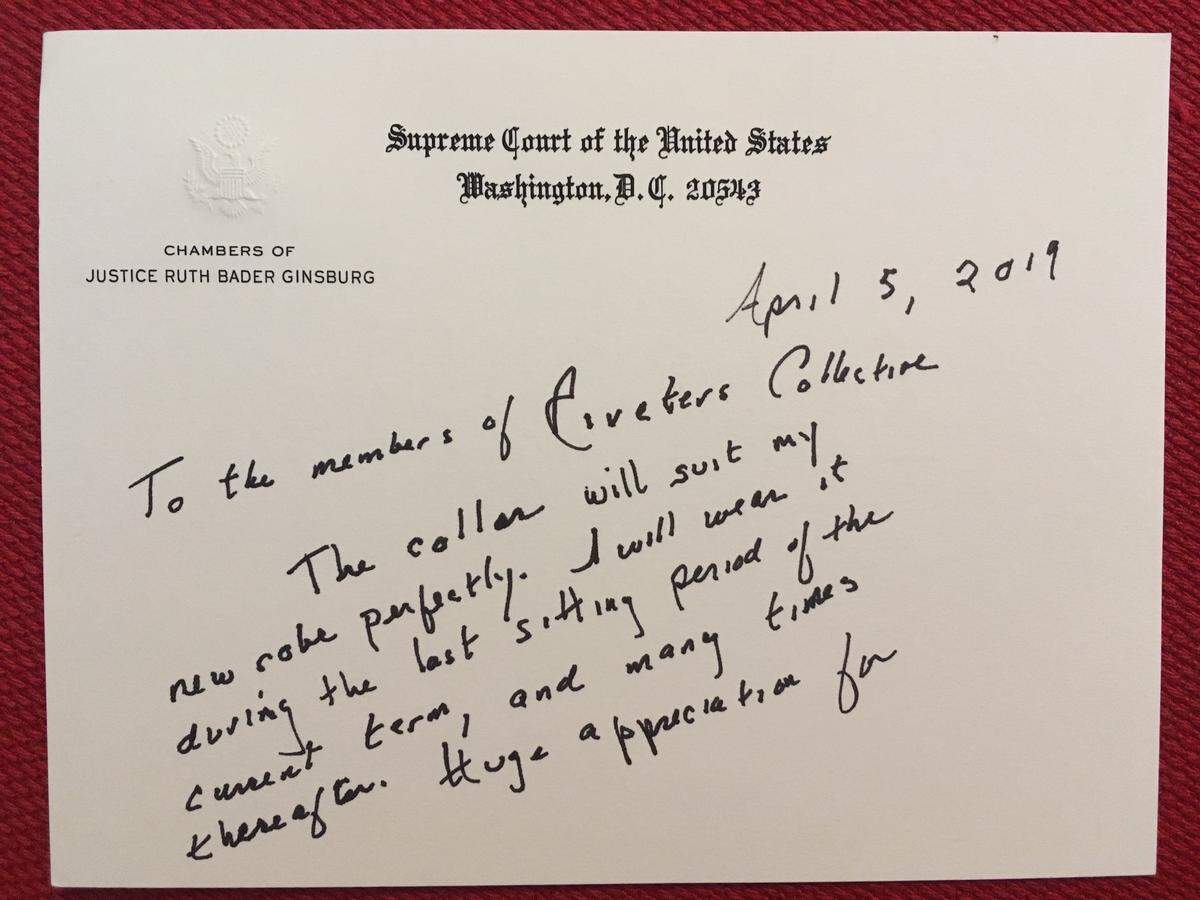 U.S. Supreme Court Justice Ruth Bader Ginsburg wrote to thank the Riveters for the collar they knitted.