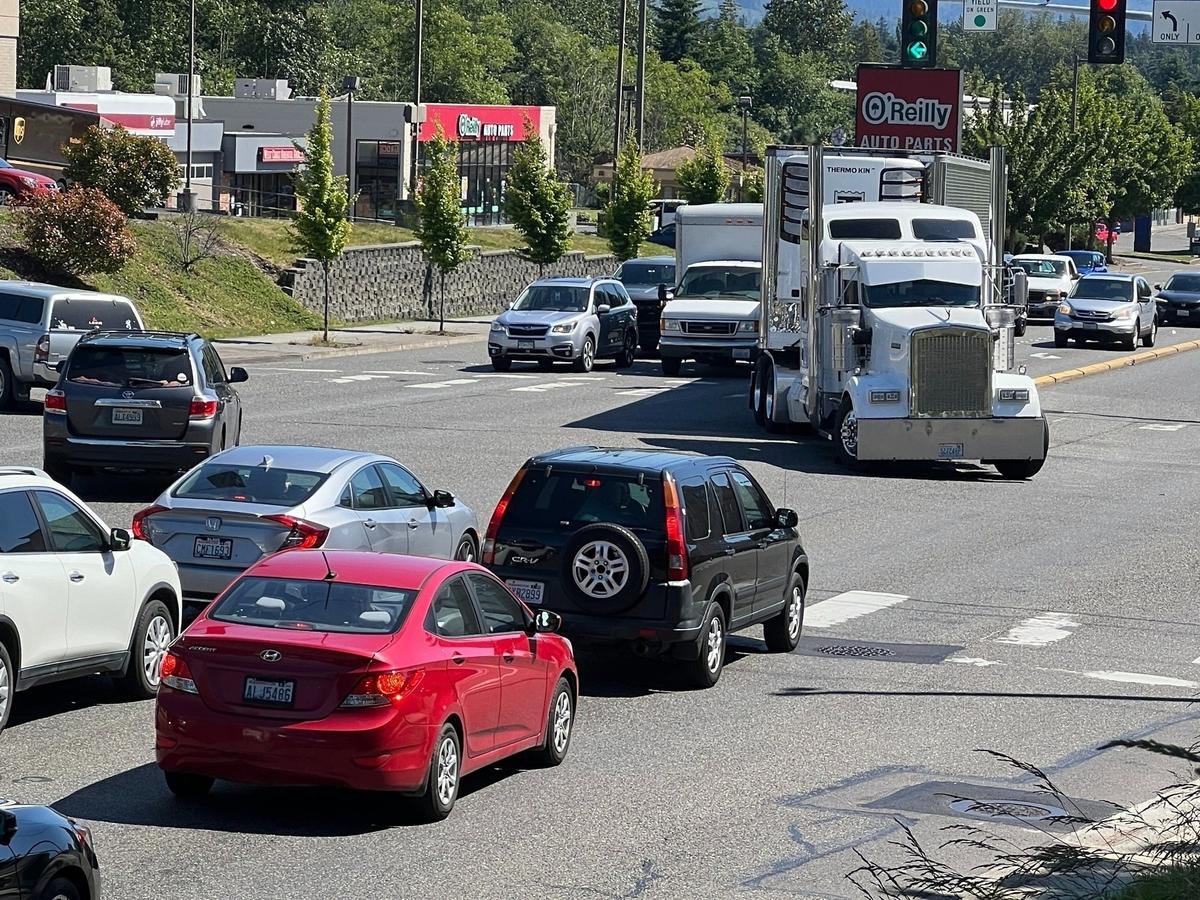 Traffic is shown looking south on Meridian Street at Bakerview Road on Thursday, June 21, 2024, in Bellingham, Wash.