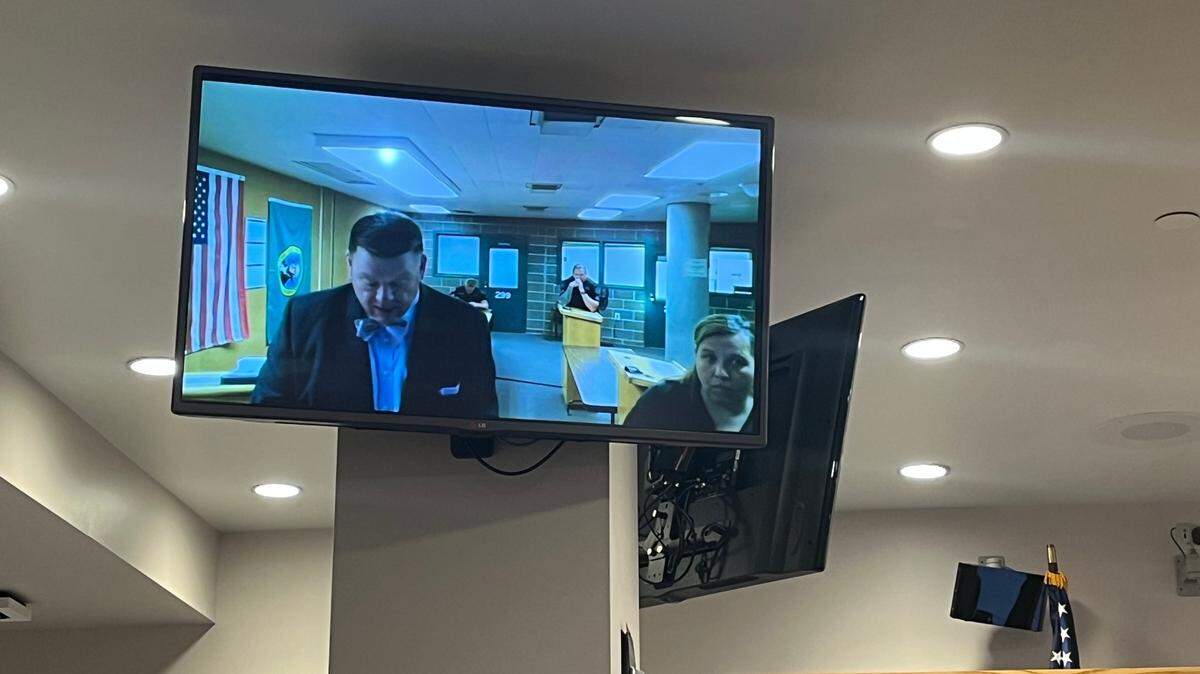 Tana Perkins Reneau, 51, of Blaine, appears virtually in court for a preliminary hearing on June 5, 2023, at the Whatcom County Courthouse in Bellingham, Wash. She was arrested for child rape, child assault and drug possession.