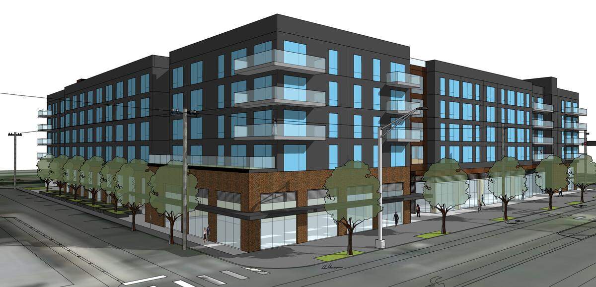 A rendering shows a proposed apartment building at 208-212 N. Samish Way, which is currently home to the Cascade and Villa inns. The proposal before the city’s design review board on Tuesday, Jan. 21, calls for demolishing those two motels to make way for 196 apartment units and ground floor commercial space.