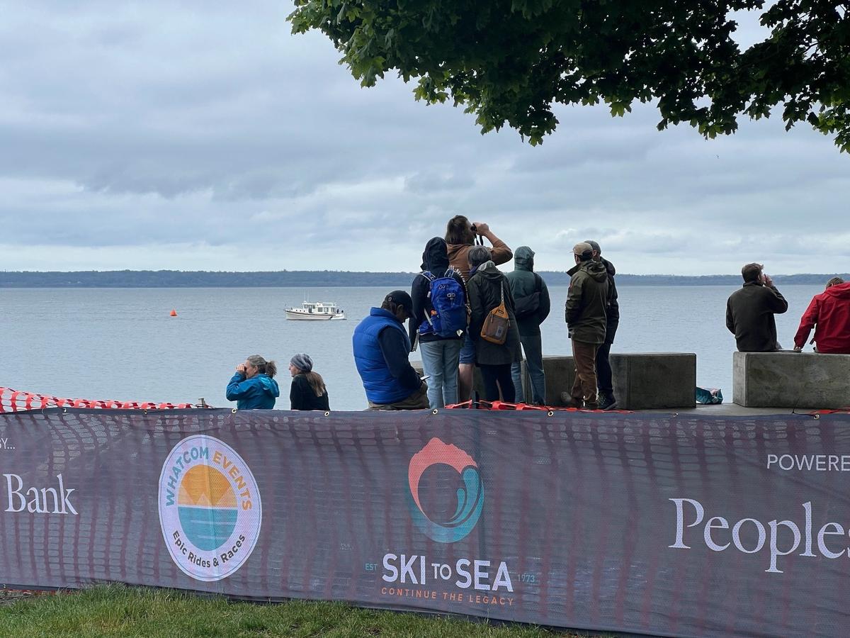 Spectators at Marine Park in Bellingham, Wash., watch for the sea kayakers to approach the finish line for the annual Ski to Sea race on Sunday, May 26, 2024.