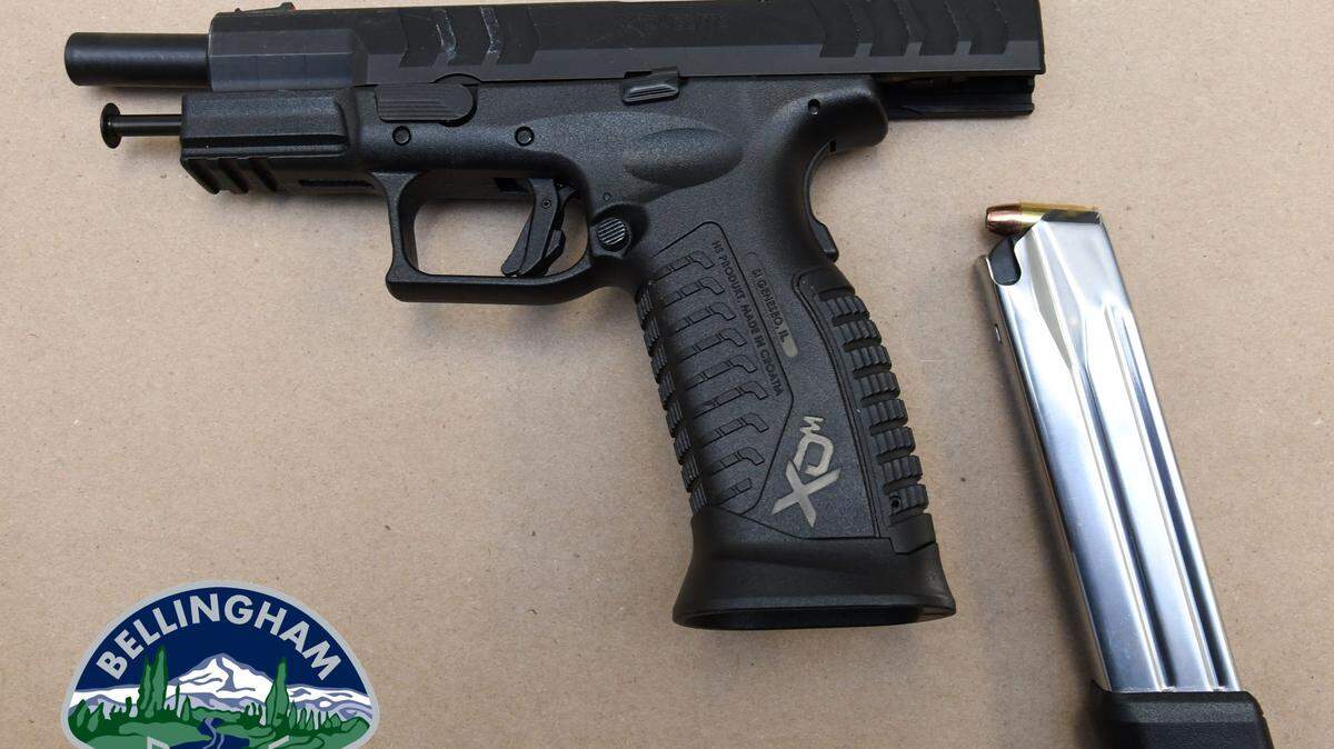 The gun allegedly used in a shooting on July 3, 2023, is shown in a photo taken by the Bellingham Police Department. A Seattle woman allegedly used the gun to shoot a Bellingham man at his home.