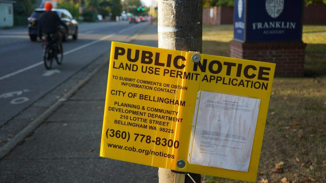 A public notice was posted in front of Franklin Academy along Northwest Avenue on Oct. 4, 2023, in Bellingham, Wash.