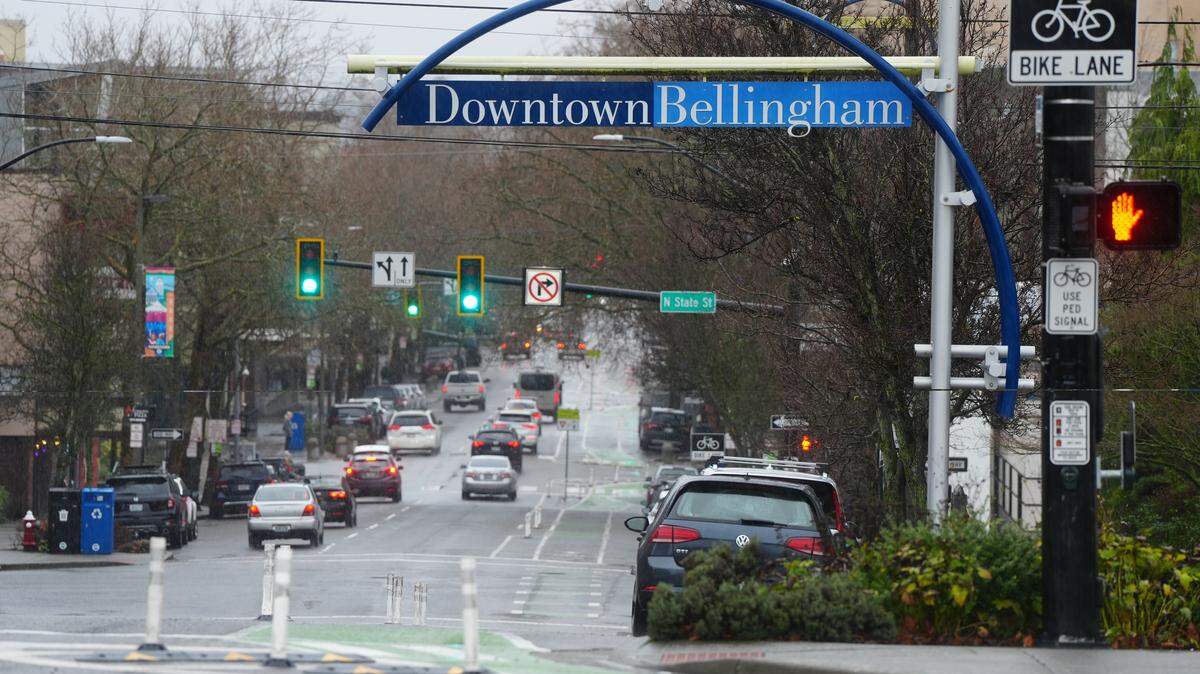 A sign welcomes people to downtown Bellingham.