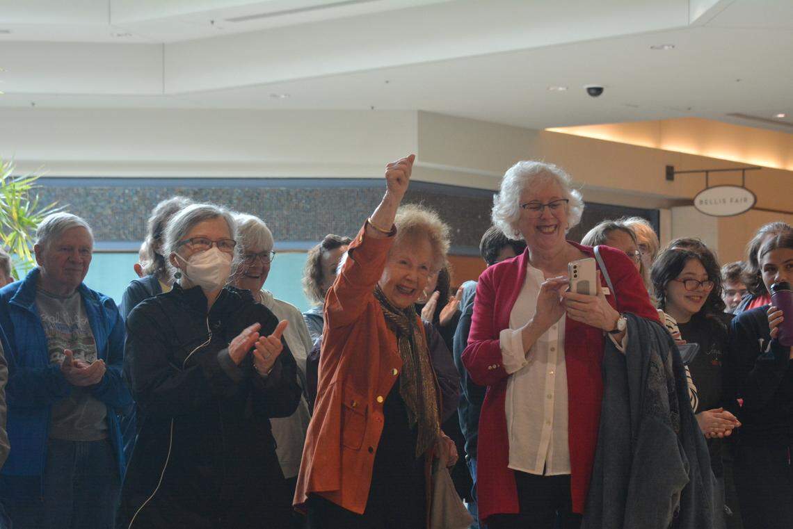 A crowd of about 200 people clapped and cheered as the Bellingham Public Library opened its new branch at Bellis Fair mall on Wednesday, April 26.