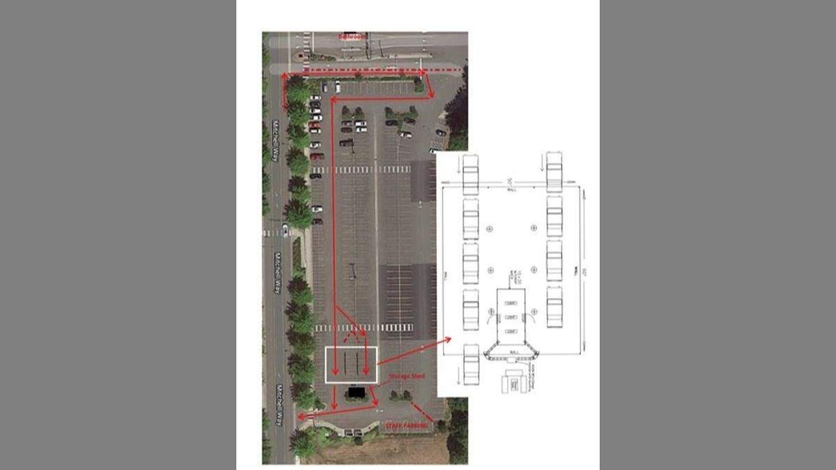 A new community drive-thru testing site for COVID-19 will open at Bellingham International Airport on Monday, Feb. 15. It will be in parking lot A. The red lines show the planned route of traffic through the testing area outlined in the sketch.