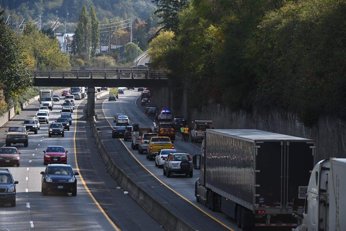A snapshot of traffic along both lanes of southbound Interstate 5 in Bellingham, Wash., Monday afternoon, Oct. 11, 2021. 