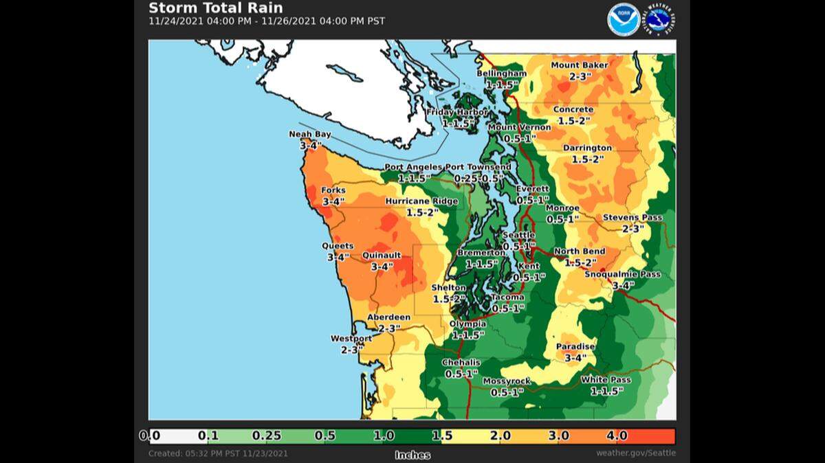 The National Weather Service Seattle is forecasting between a half inch and an inch of rain in the lowlands of much of western Washington from the first of three storm systems expected to move through the area over the next few days.