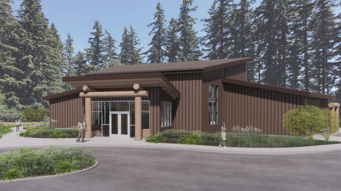 A drawing shows the proposed design for a Coast Salish longhouse in Sehome Hill Arboretum near the Western Washington University campus.