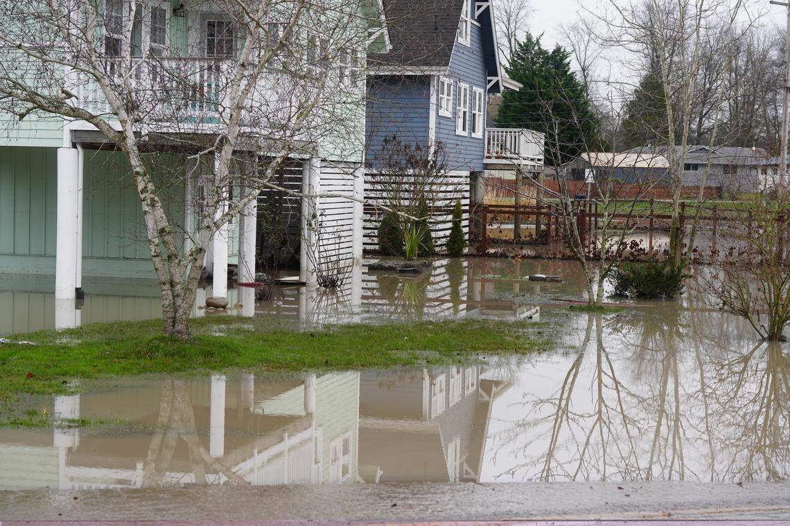 The Nooksack River floodwaters were beginning to recede after inundating homes on Dec. 12, 2025, in Ferndale.