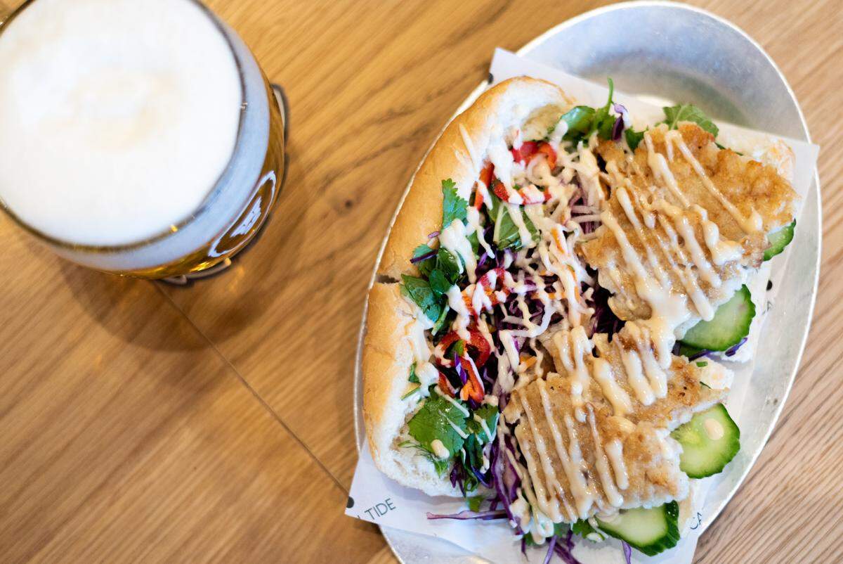 Rockfish Banh Mi from Local Tide restaurant at Aslan Brewing Company’s Seattle brewery at 401 N 36th St. in Seattle, Wash.
