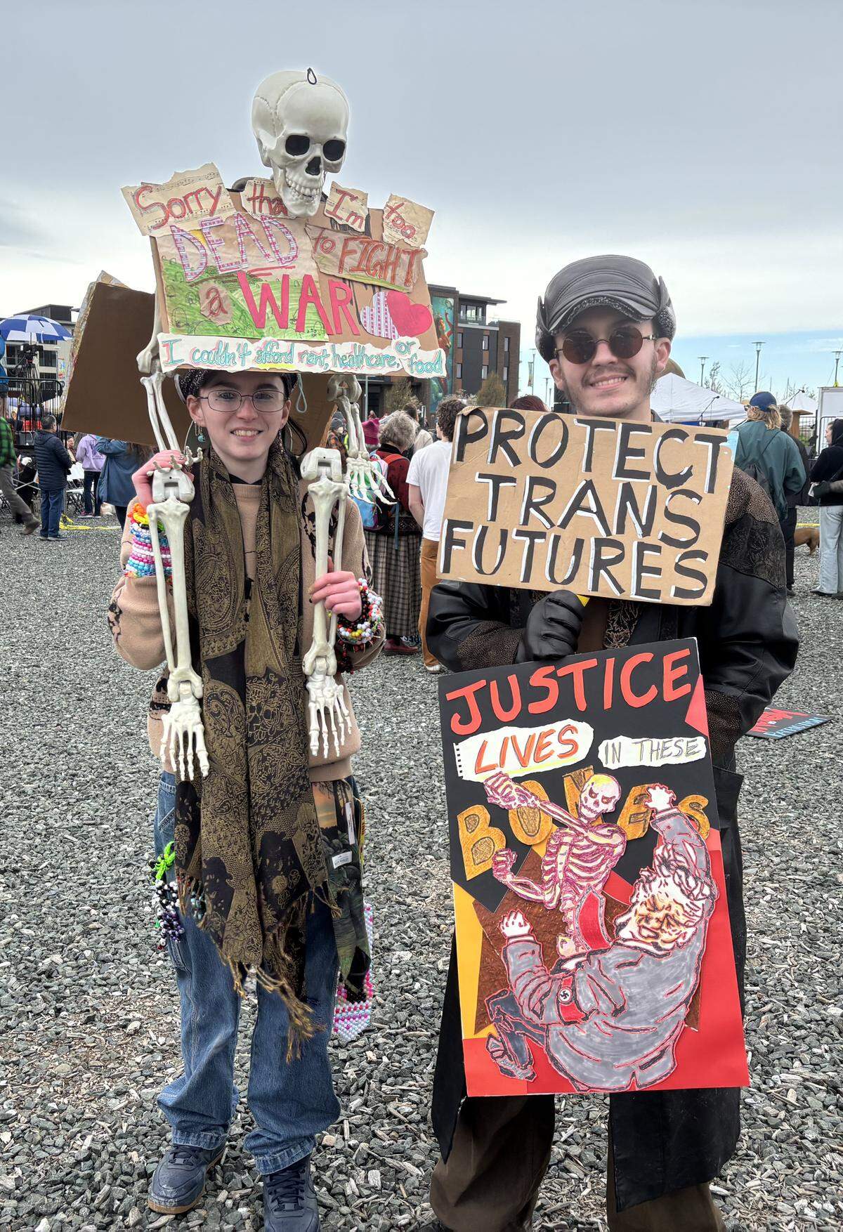 Tyler Silver, left, and Alex Davis at Bellingham’s No Kings rally March 28, 2026.