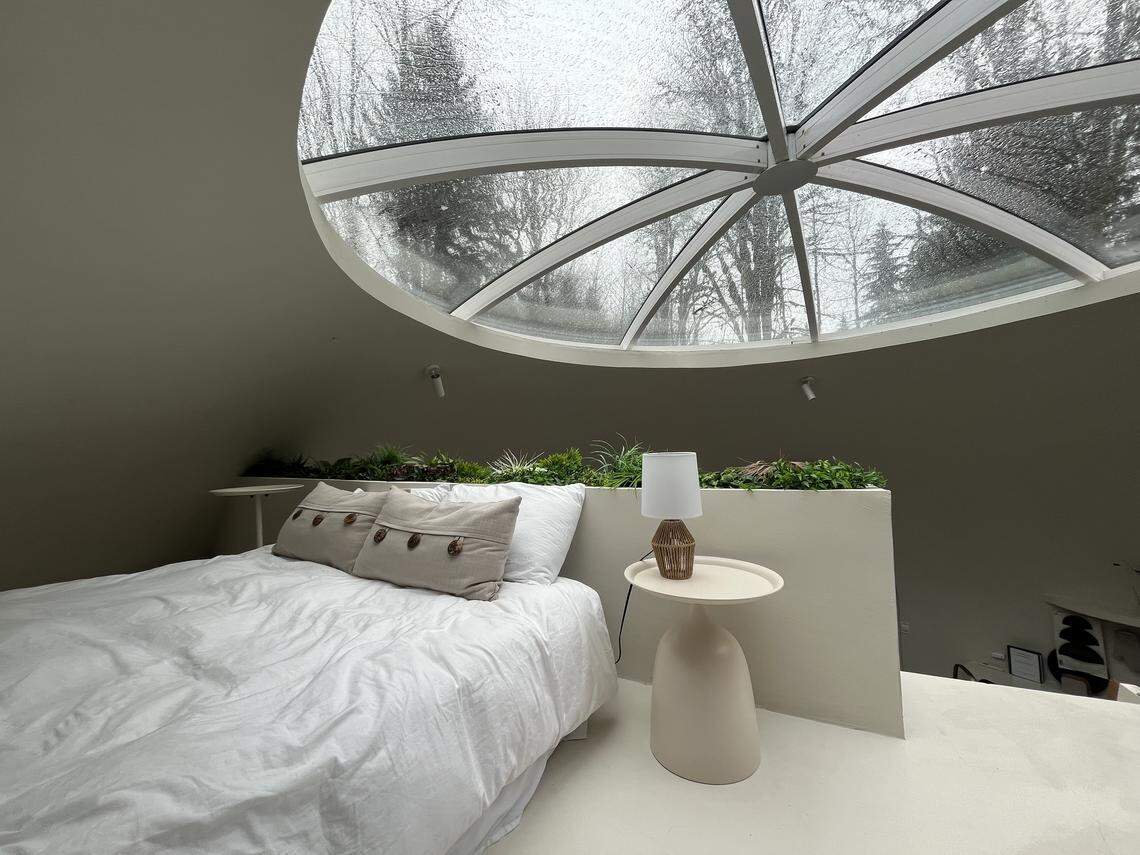 The open loft sits under the skylight in the Skyview Dome on March 11, 2026, in Glacier, Wash.