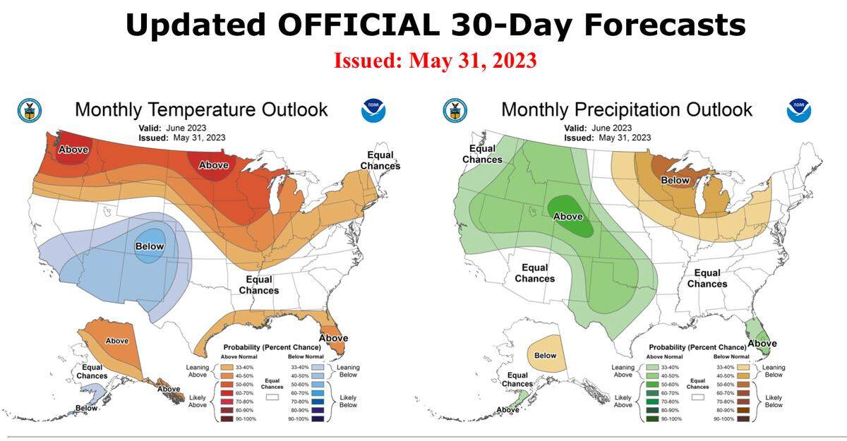A forecast from the National Oceanic and Atmospheric Administration’s Climate Prediction Center shows the possibility of a hot, dry June for the Northwest.