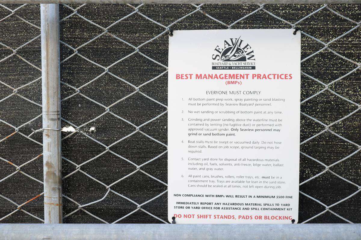 Signage at Seaview Boatyard North in Bellingham reminds staff and clients to follow best management practices for reducing pollution in stormwater.