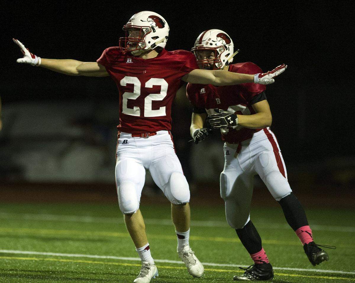 Bellingham High wide receiver Ethan Fields celebrates after scoring a touchdown Oct. 7, 2016, at Civic Stadium in Bellingham. Following a social justice movement to change offensive team names, Bellingham High School is creating a task force to help change the mascot from Red Raiders.