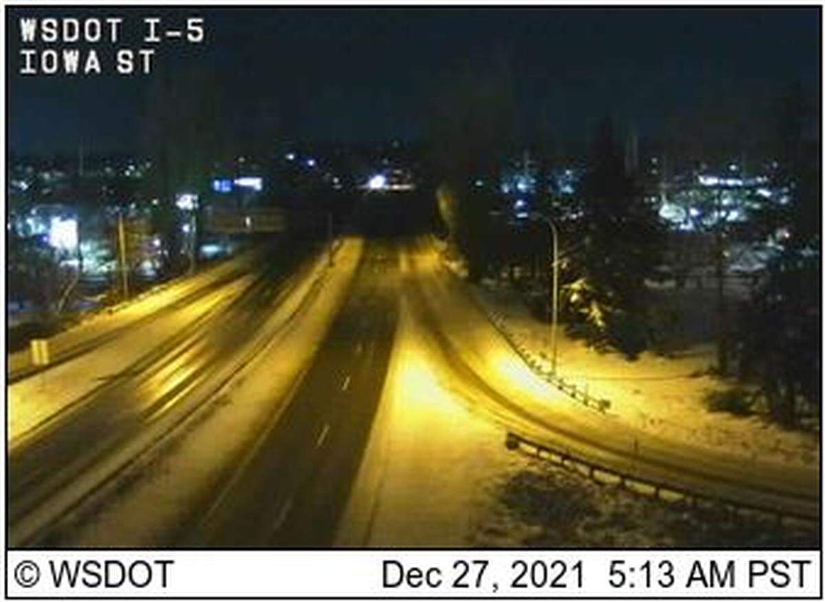 Washington State Department of Transportation camera shows Interstate 5 at Iowa in Bellingham plowed of snow just after 5 a.m. Monday, Dec. 27.
