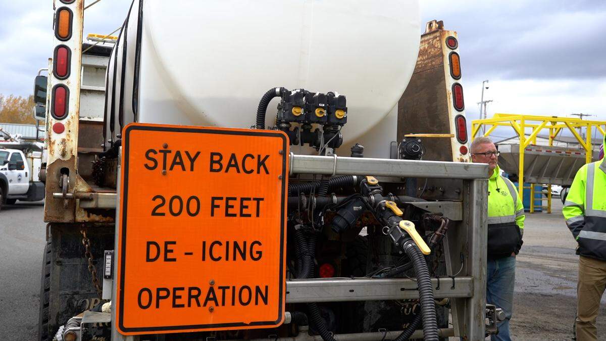 City street crews pump a salt brine mixture into a truck tank Thursday, Nov. 3, in Bellingham. The mixture is dispersed on city streets ahead of freeze events to prevent ice from forming.