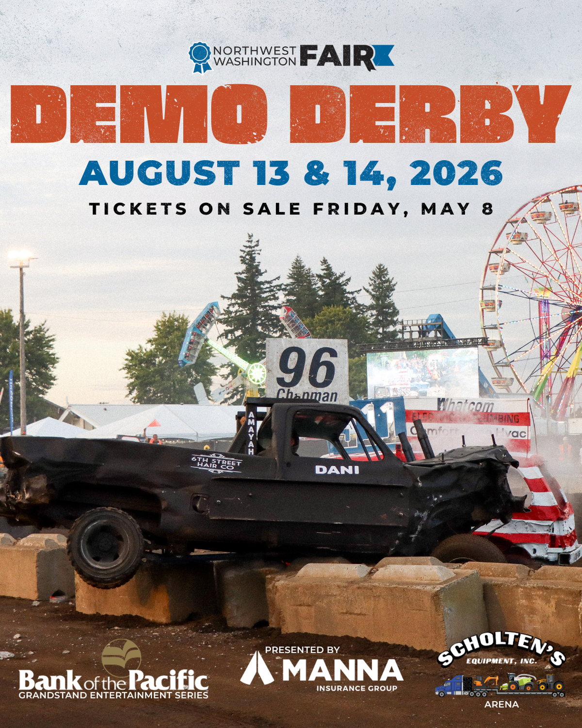 Promotional photo for The Demolition Derby at The Northwest Washington Fair in August 2026 in Lynden, Wash.