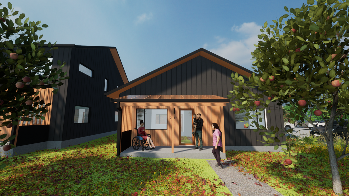 A rendering shows a single-story house design proposed for the permanently affordable homeownership project LaFreniere Court, which is expected to be completed in 2025 in Bellingham, Wash.
