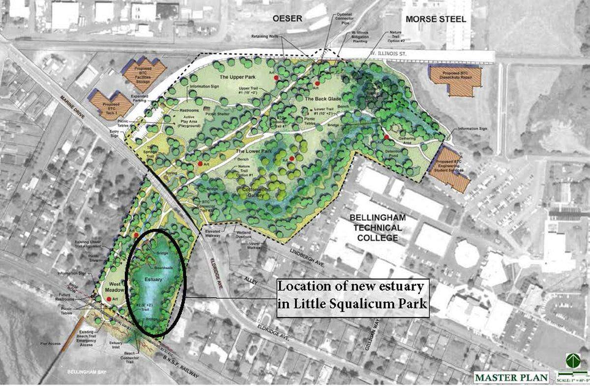 A map shows the location of a new estuary at Little Squalicum Park.