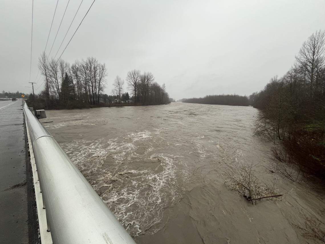 The Nooksack River roars at the Everson bridge on Wednesday, Dec. 10, 2025.