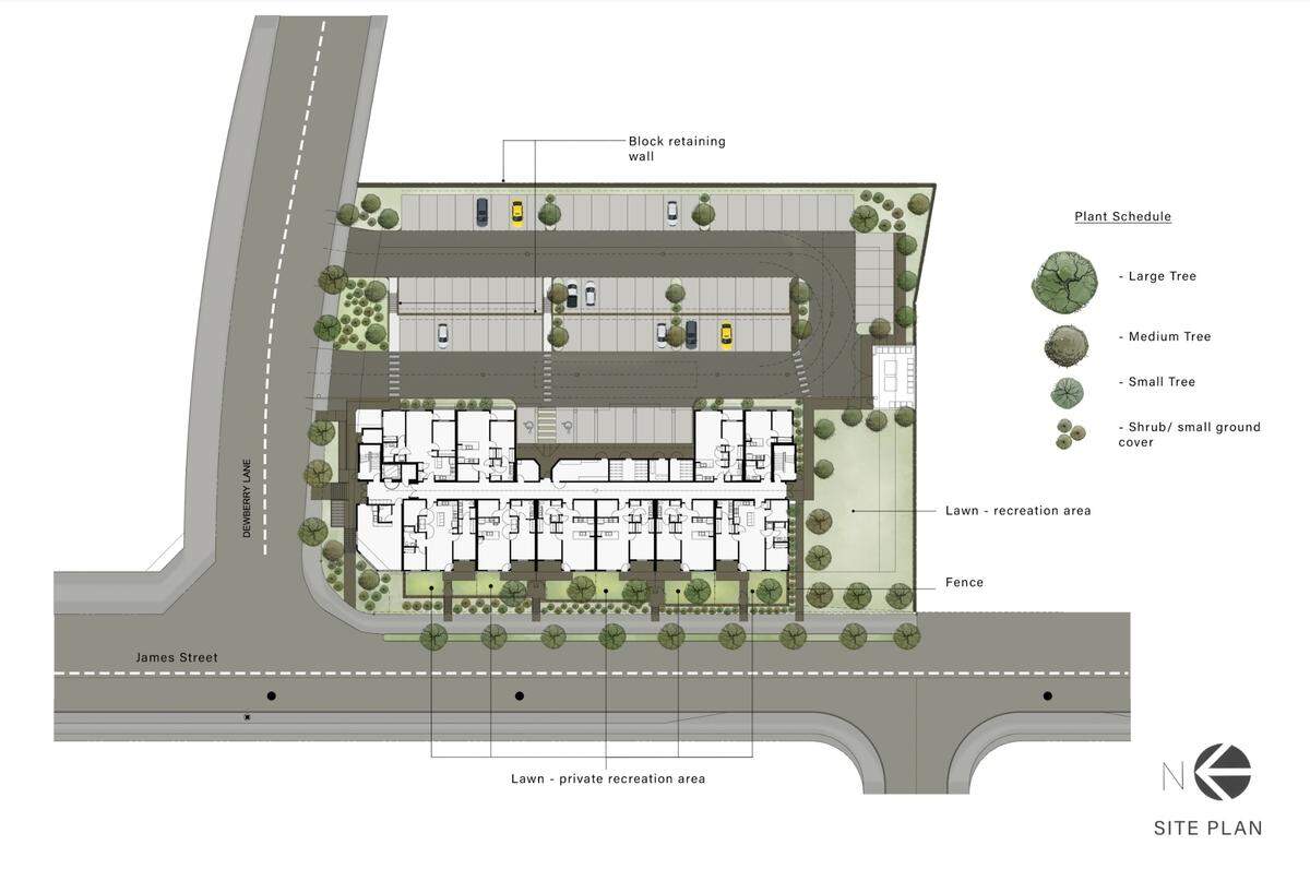 An aerial rendering shows the proposed site plan of a 49-unit multifamily residential building proposed for development in the King Mountain Neighborhood of Bellingham, Wash.