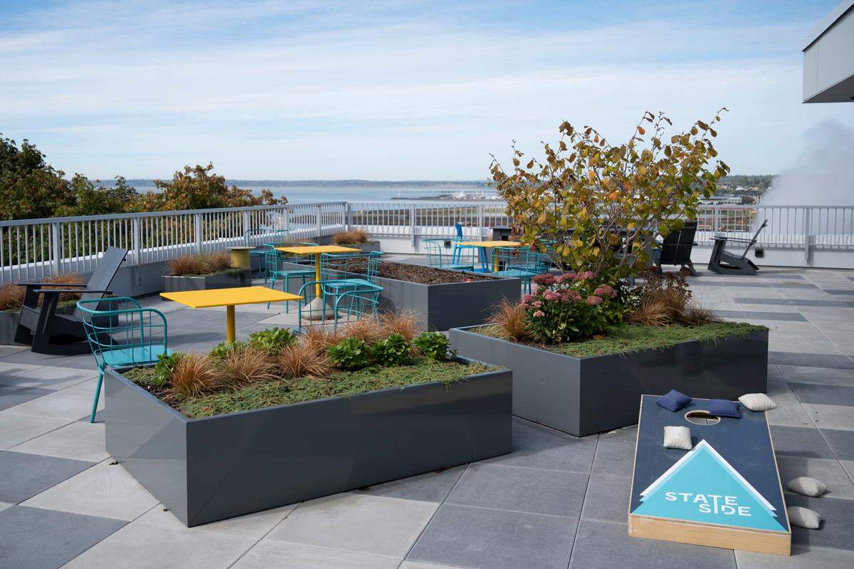 The rooftop lounge at the Stateside building offers views of Bellingham Bay on Tuesday, Sept. 21, in Bellingham.