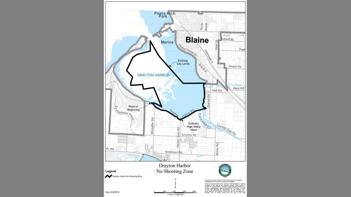 A request to create a no-shooting zone in the part of Drayton Harbor controlled by Whatcom County, outlined in black on this map, would, if approved, end hunting there. Ducks and Canada geese are hunted in the harbor from October through January.