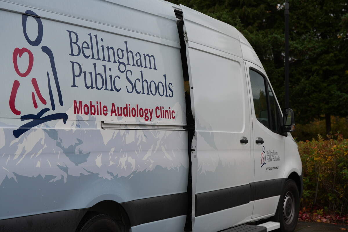Bellingham Public Schools offers hearing testing to students in its Mobile Audiology Clinic, a van that travels between all 24 schools in the district. The van was parked outside of Squalicum High School on October 28, 2025, in Bellingham, Wash.