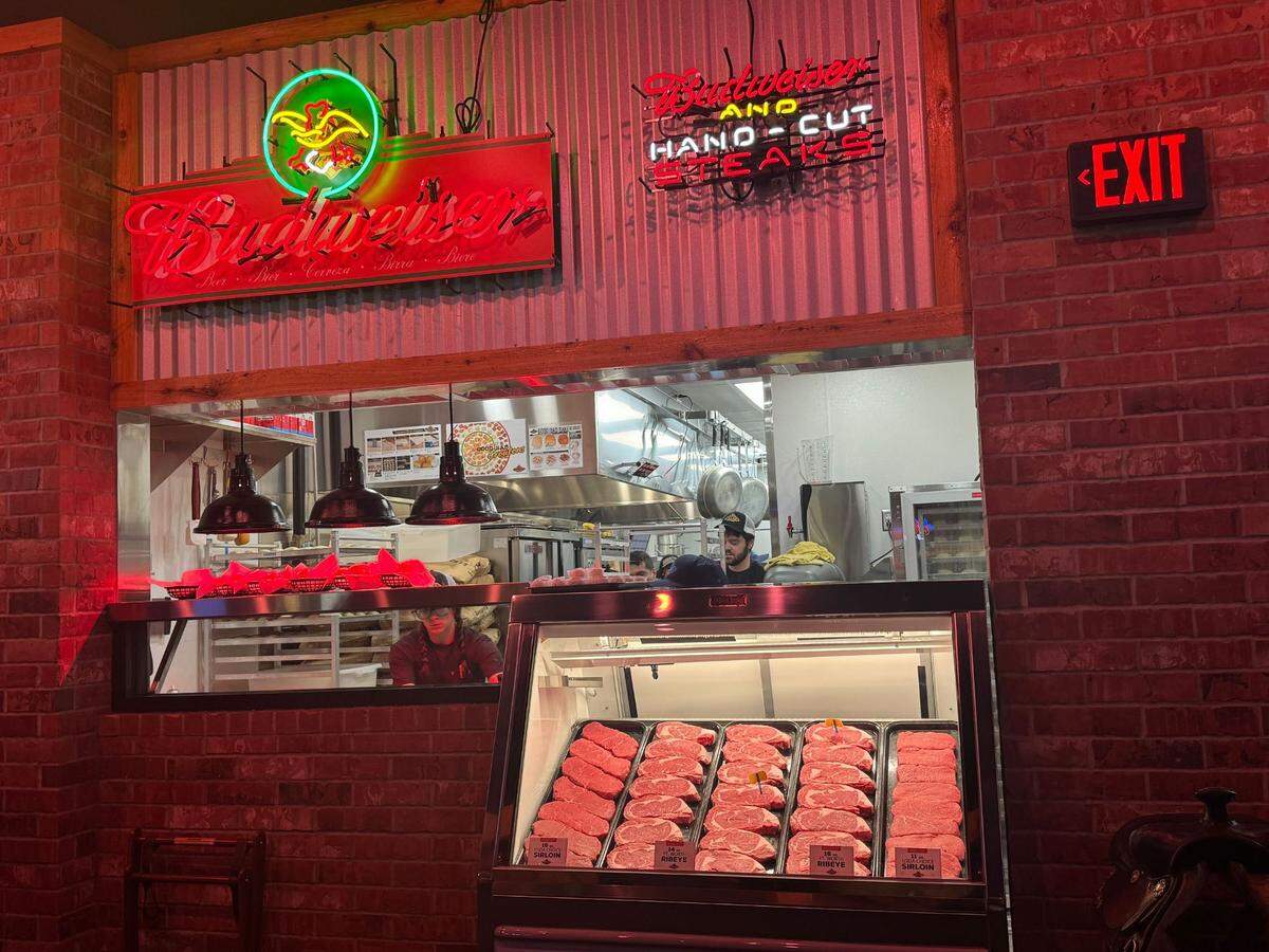 The entry way of Texas Roadhouse features a refrigerator of fresh steaks for customers to choose from on Monday, October 7, 2024 at 4331 Meridian St., Bellingham, Wash.