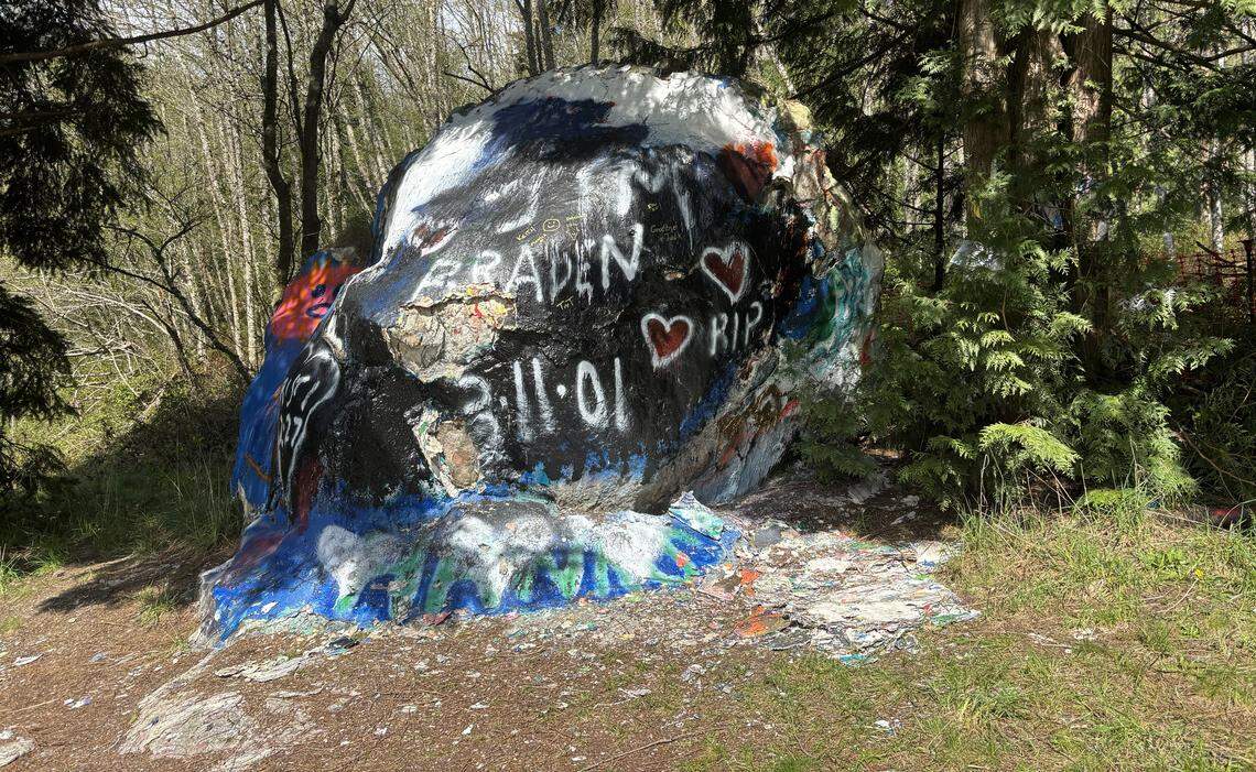 The Graffiti Rock along northbound Interstate 5 outside of Bellingham, pictured here on Friday, April 17, 2026. The Washington State Department of Transportation was set to move the boulder the following week.