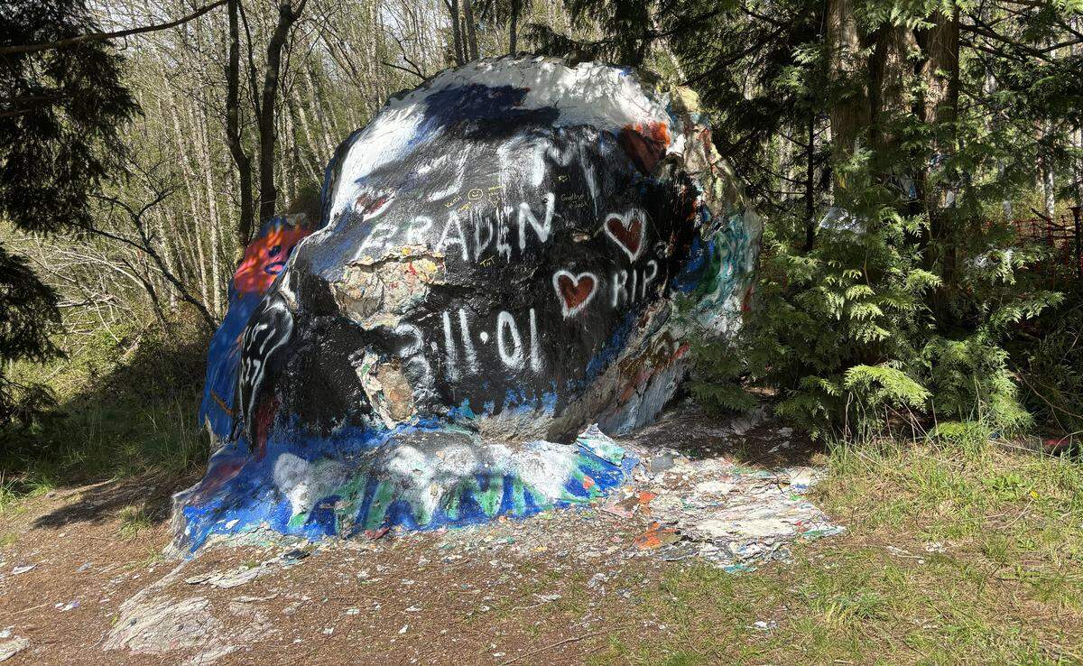 The Graffiti Rock along northbound Interstate 5 outside of Bellingham, pictured here on Friday, April 17.