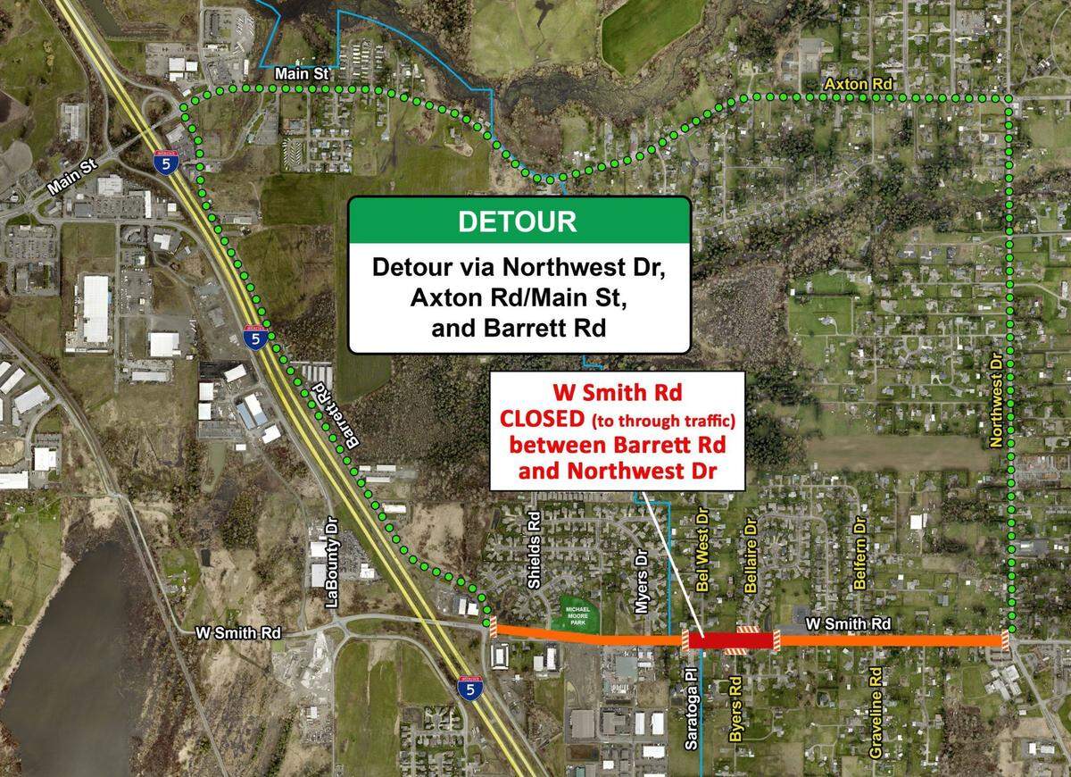 A map shows the road closure and detour route for construction on West Smith Road east of Ferndale.