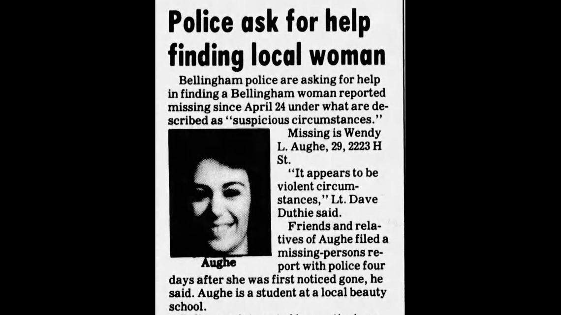 A clipping of a Bellingham Herald story from April 30, 1987, discusses the search for Wendy Aughe in Bellingham.