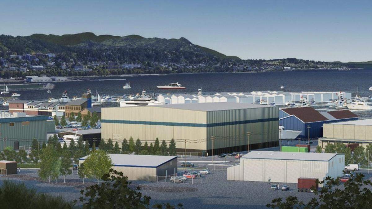 A rendering shows the general view of the new boat repair facility from 2715 Eldridge Ave. at an elevation of approximately 65 feet. A view analysis was conducted to determine if the site would cause a significant impact on the views of certain residences in Bellingham. Construction was expected to be completed in July 2023.