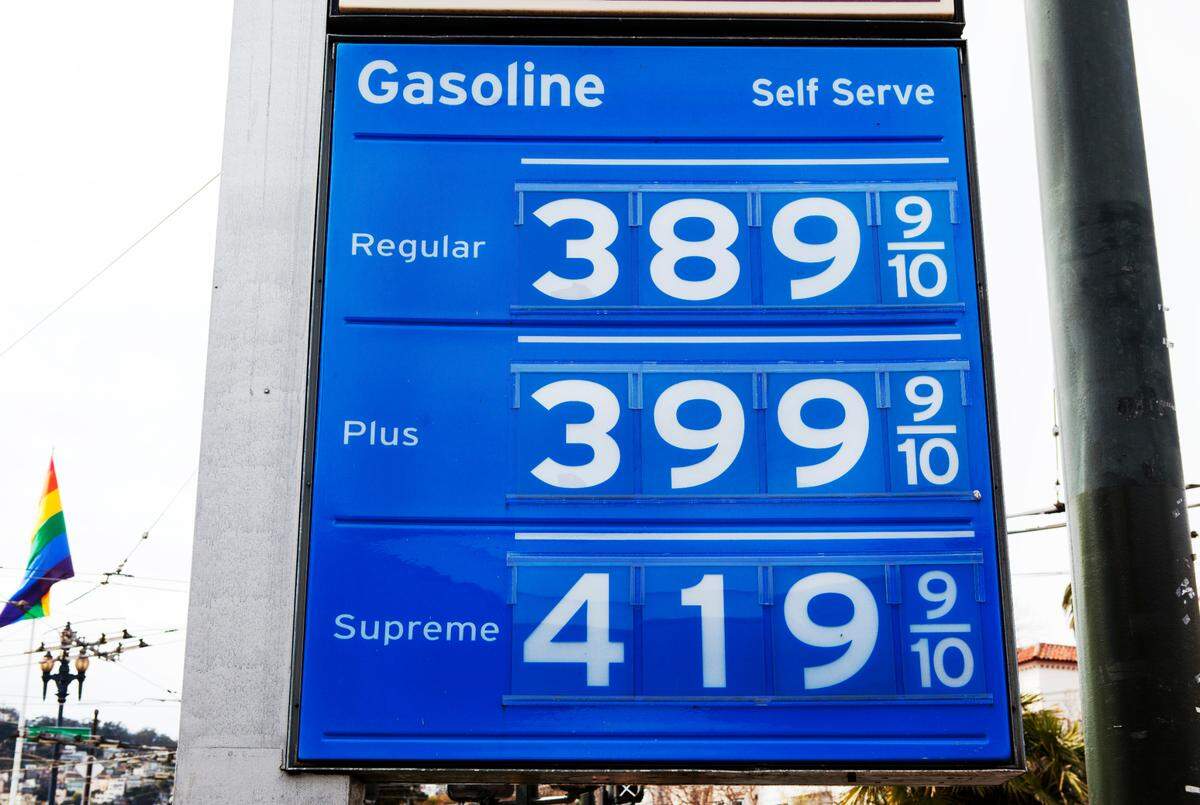 Stock photo of gas prices displayed on a gas station sign.