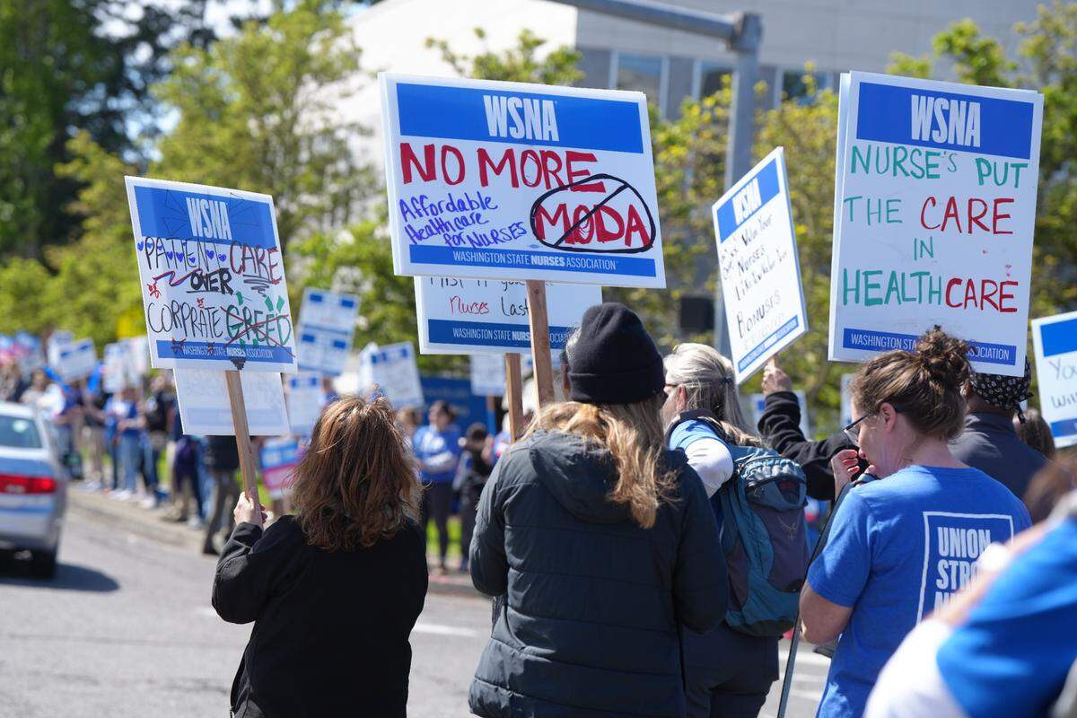 PeaceHealth nurses held an informational picket outside of St. Joseph Medical Center in Bellingham on Tuesday amid stalled contract negotiations.
