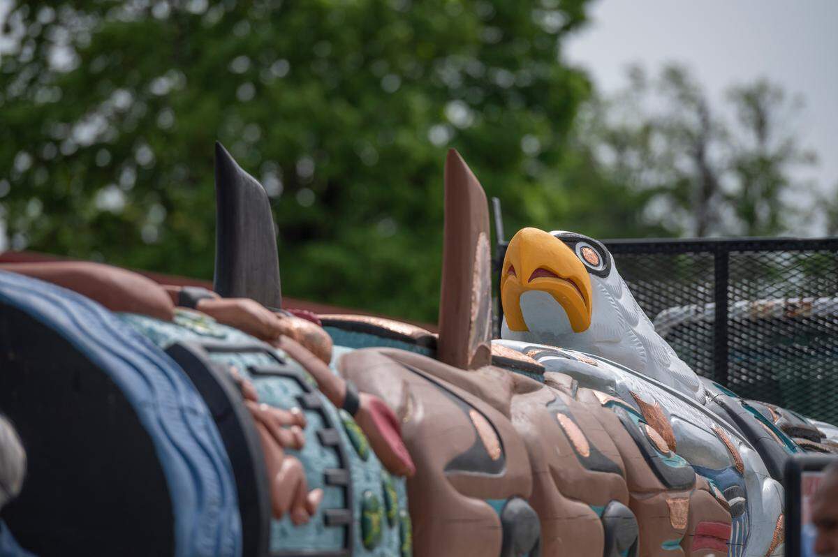 Jewell James’ totem pole was on display during a small ceremony on Wednesday, May 5, in Ferndale. The pole will make a journey across the county visiting sacred sites and bringing awareness to the importance of protecting sacred lands.
