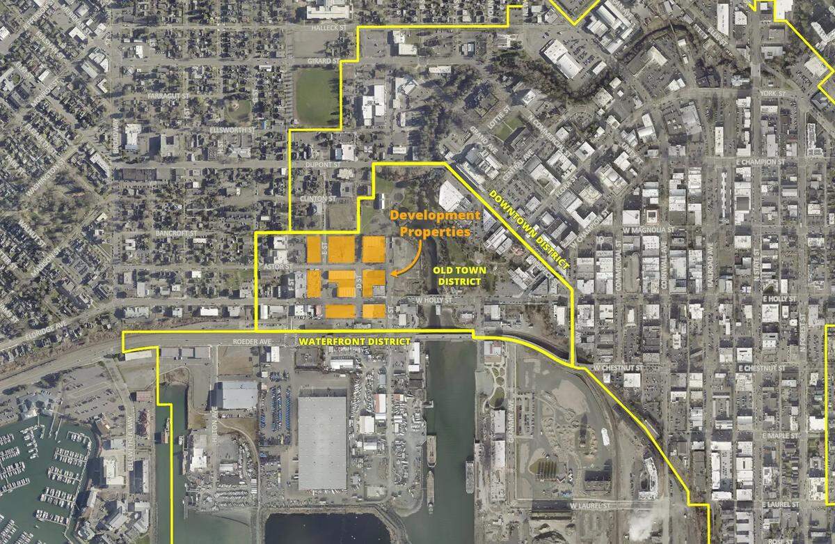 An aerial map shows the Old Town District between downtown and the waterfront.