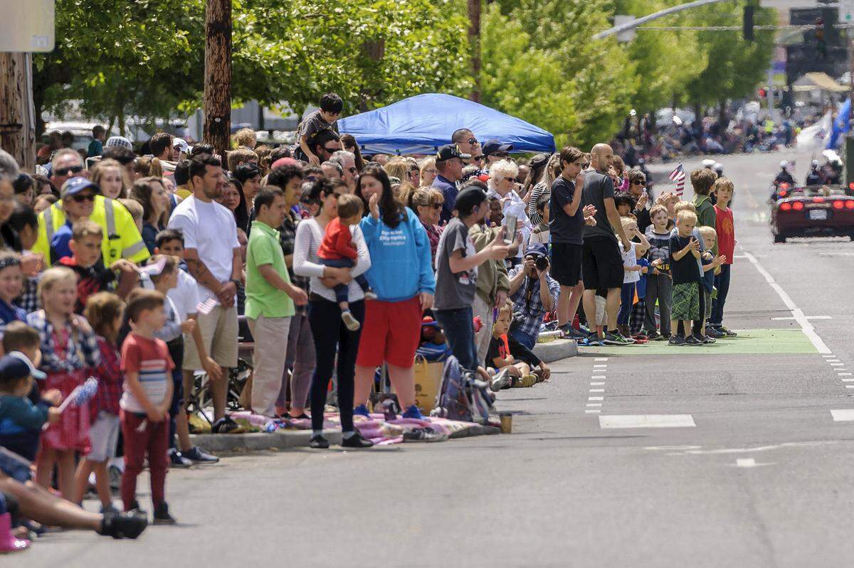 Crowds pack Cornwall Avenue during the 2018 Whatcom County Memorial Day Parade in downtown Bellingham.