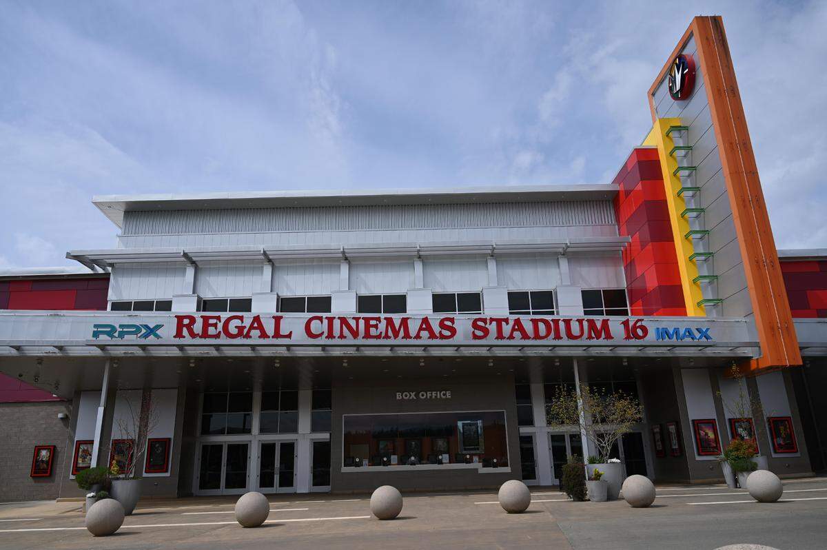The entrance to Regal Cinemas Stadium 16 on Friday, April 23, 2021, in Bellingham, Wash.